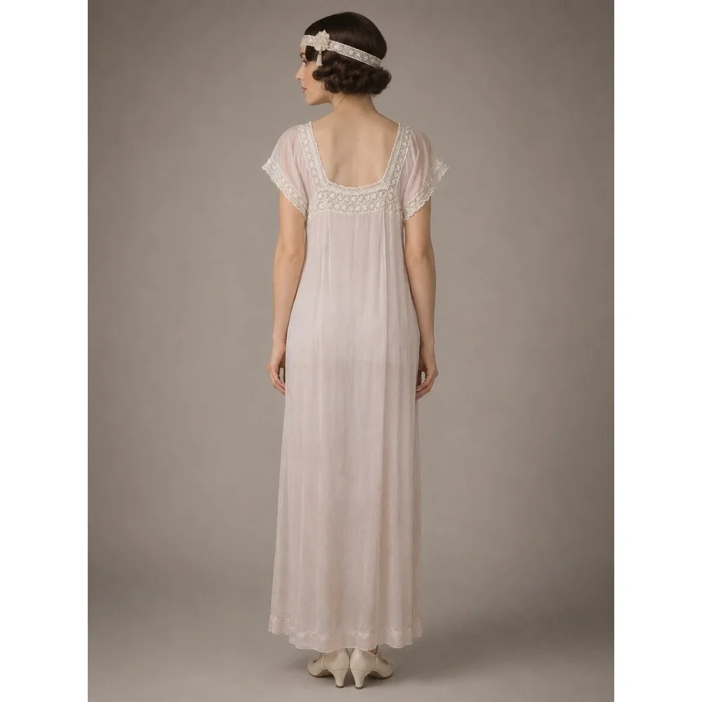Vintage 1920s Pink Silk Nightgown White Lace Antique Flapper Lingerie Dress - Picture 3 of 10